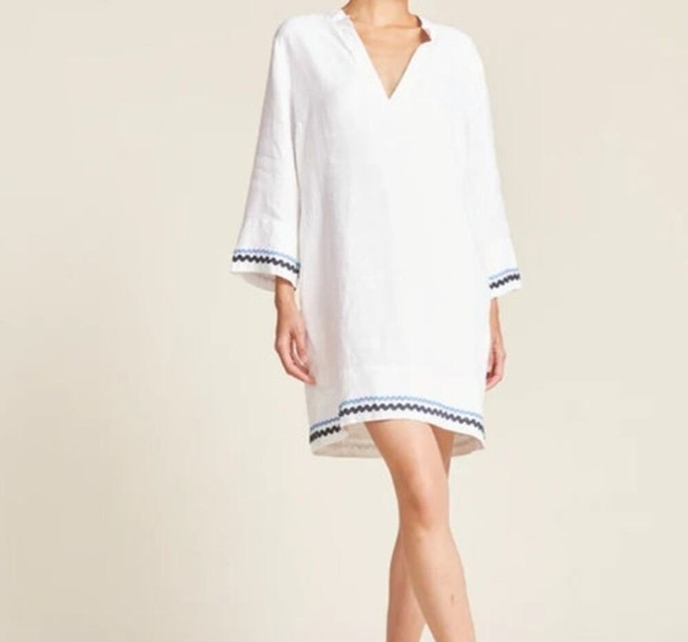 Trovata Lucca Linen Shift Dress in White with Ric Rac Trim